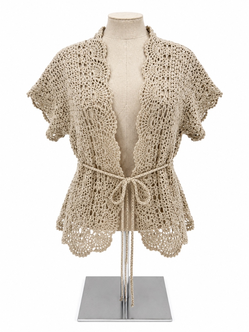 Christopher & Banks Crochet Tie Front Cardigan Beige Ramie Cotton Open Knit S